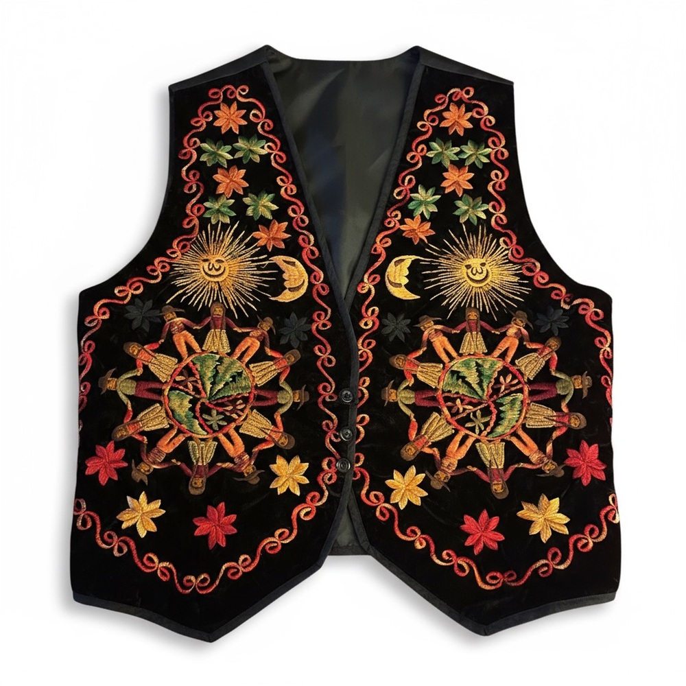 Guatemala Embroidered Folk Art Vest XXL | Handmade Artisan Boho Sun Moon Textile